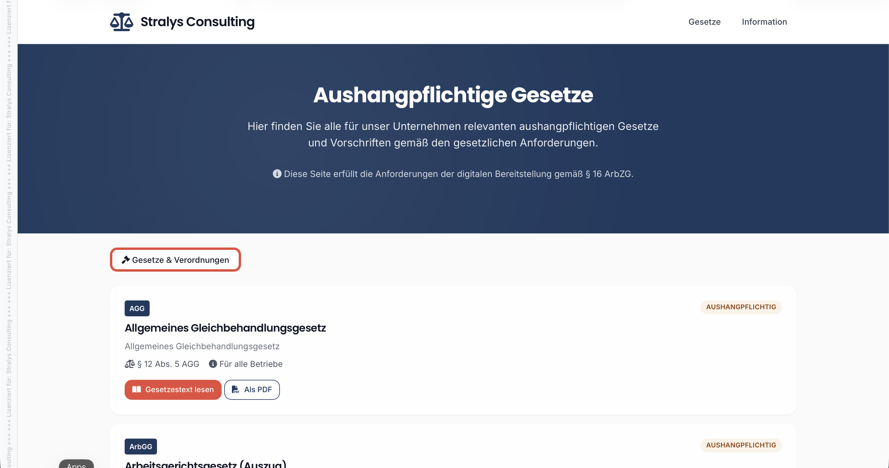 Digitaler Gesetzes-Aushang – Startseite mit Hinweis zu § 16 ArbZG und erster Gesetze