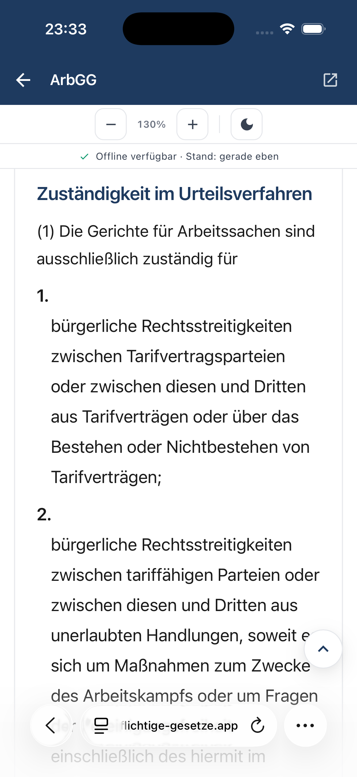 Mobile App – Gesetzestext mit Offline-Indikator